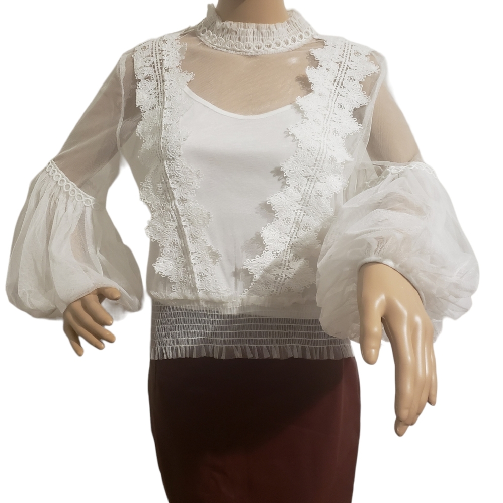 Gracia - White Lace Mesh Sheer Trumpet Sleeve Dress Shirt, Large, Statement Top!